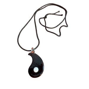 Black White Glass Yin Yang Pendant Necklace Black Cord Skater Surfer 25"